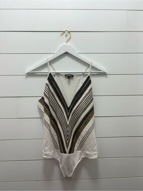 Express Striped V-Neck Sequin Bodysuit White and Brown Sparkly Going out/ Party